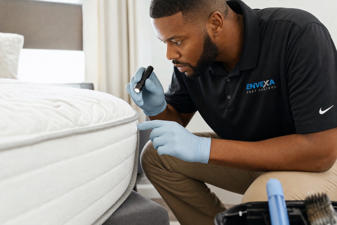 Envexa technician inspecting a mattress seam for bed bugs in Mason