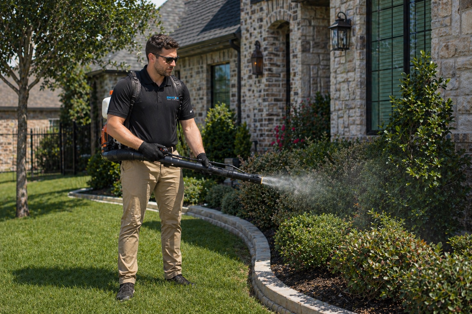 Envexa technician applying mosquito treatment across a landscaped property