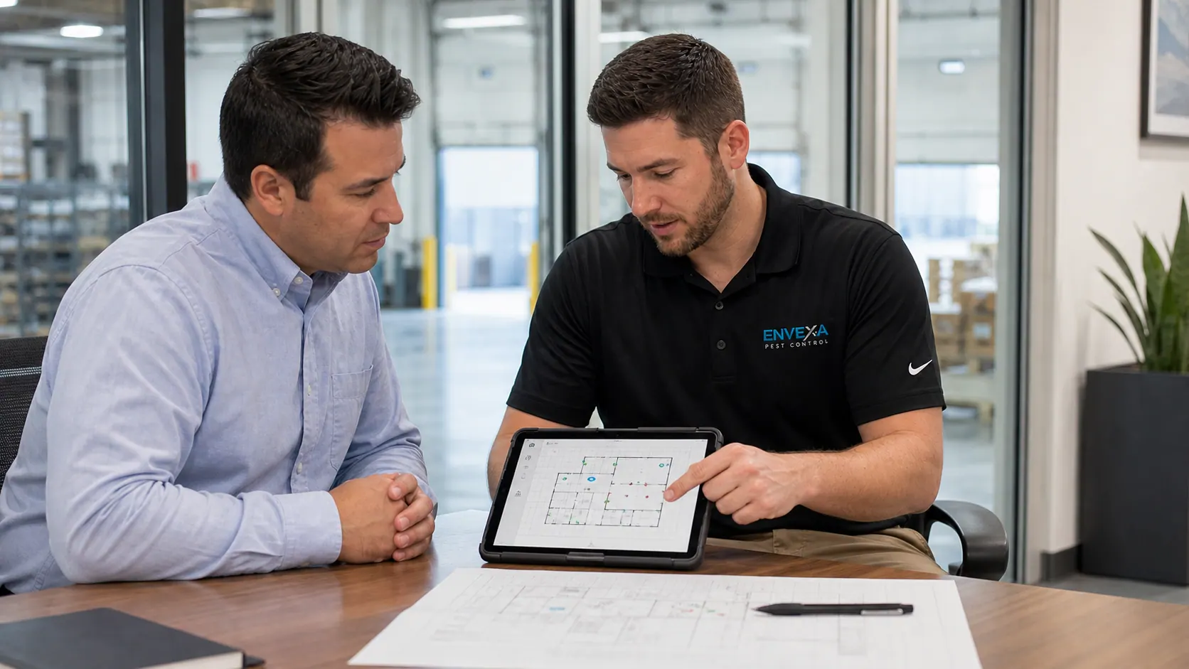 Envexa technician building a commercial pest control service plan with a facility manager