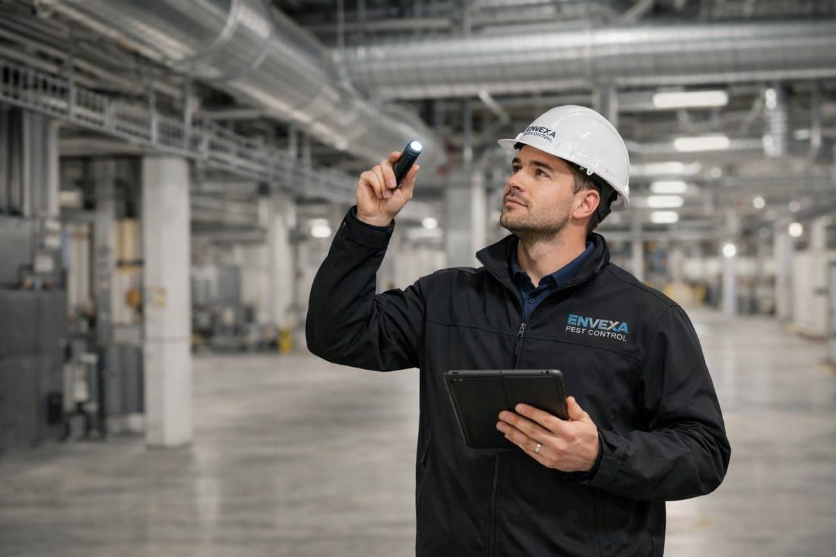 Envexa technician inspecting a commercial property and documenting service conditions