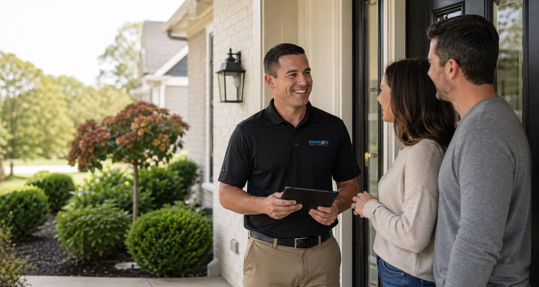 Envexa technician answering homeowner questions before pest service in Mason