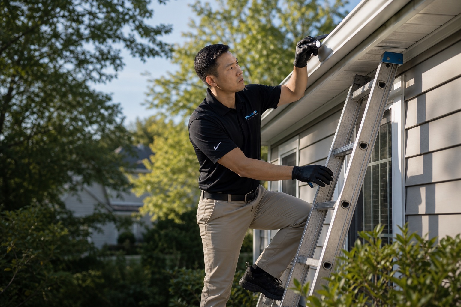 Envexa technician inspecting exterior ant entry points at a Mason home