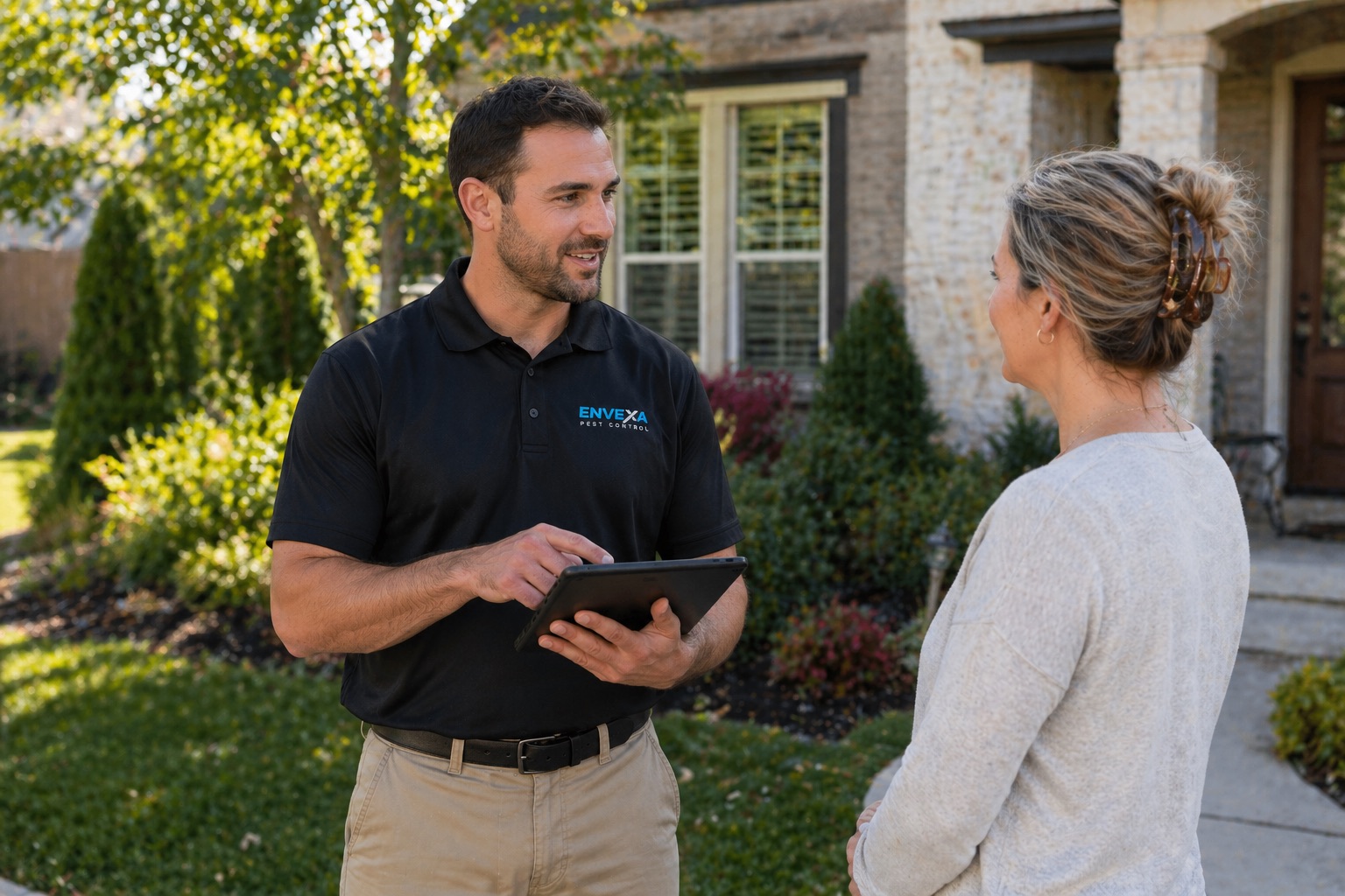 Envexa technician reviewing bed bug service preparation with a Mason homeowner