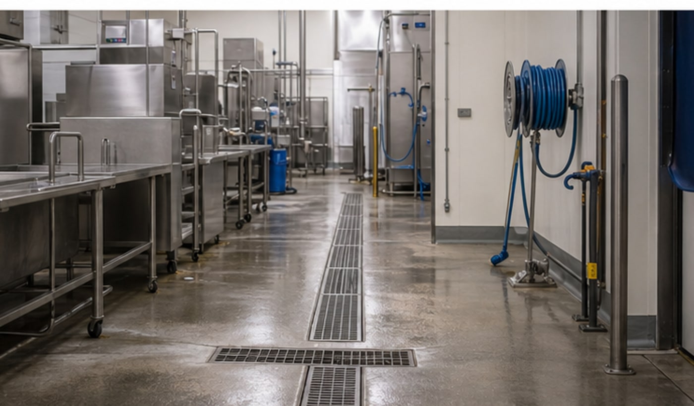 Food processing sanitation and drain area