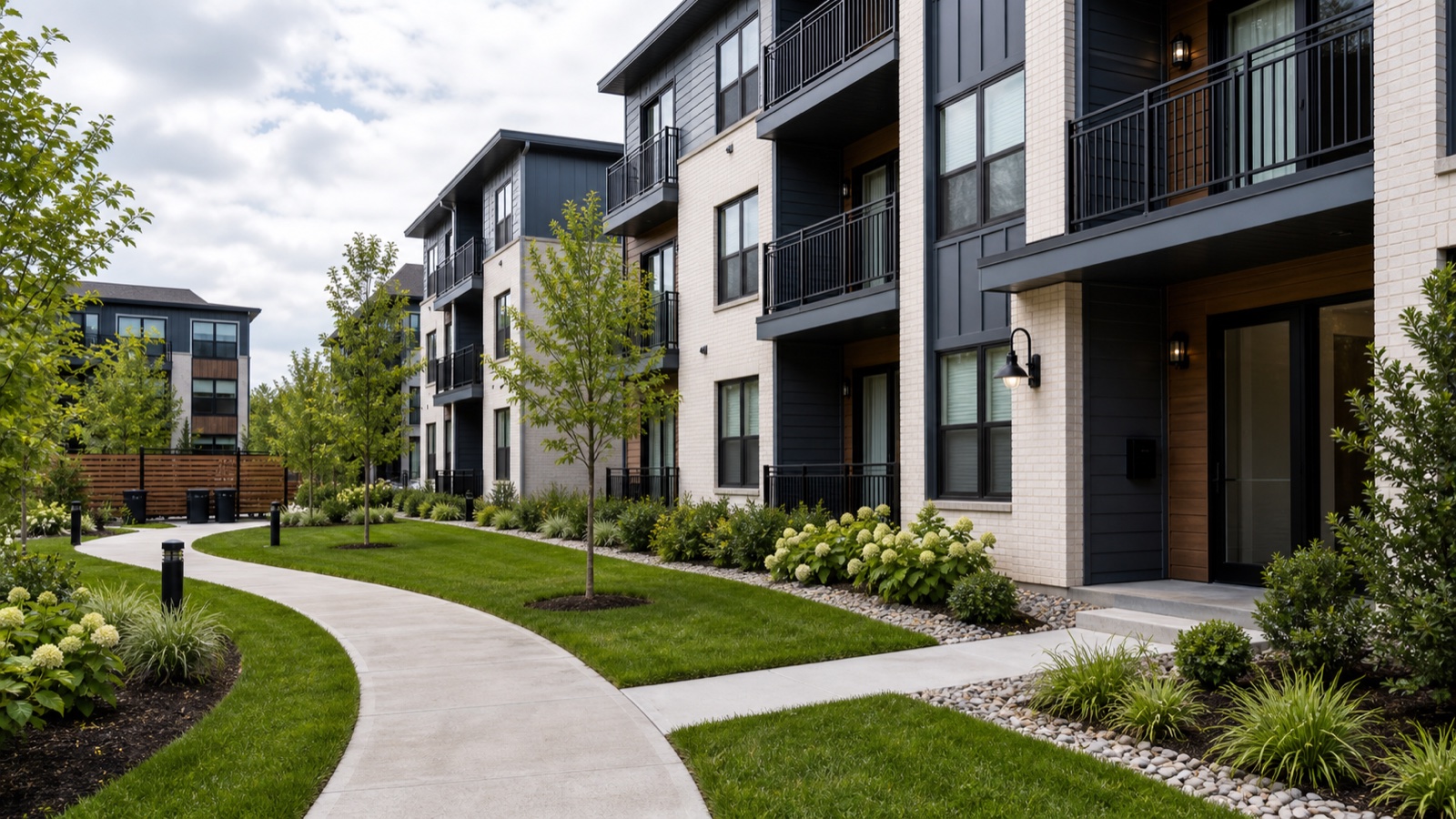 Managed apartment community with shared paths and resident service needs