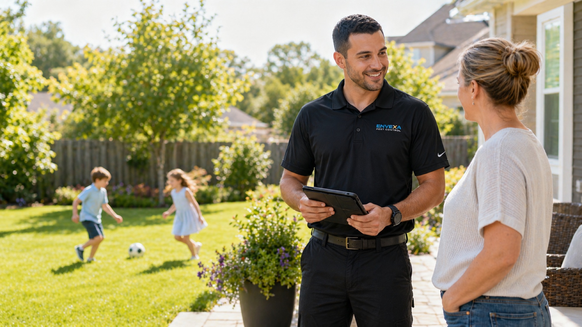 Envexa mosquito control consultation beside a Blue Ash backyard