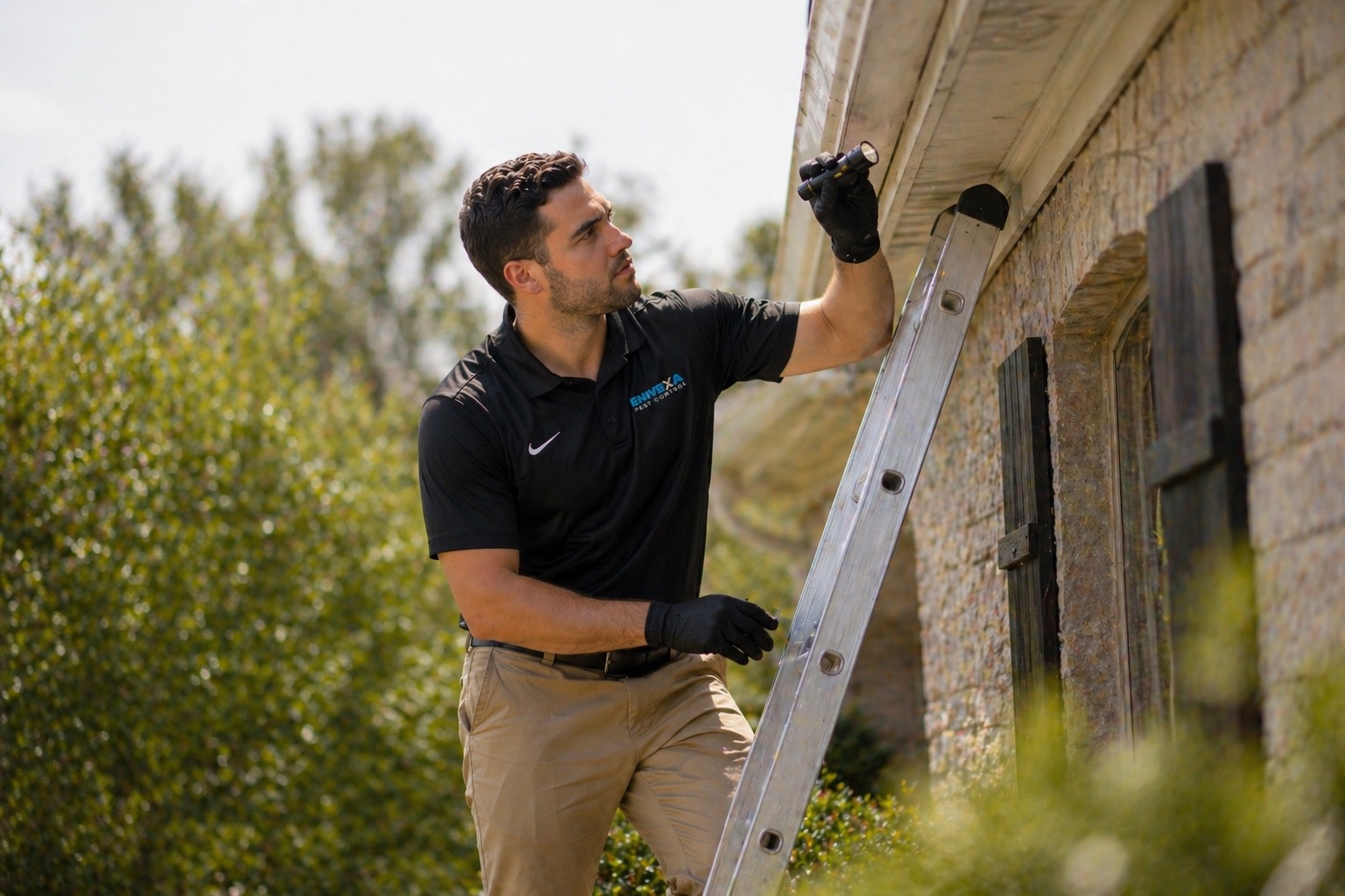 Envexa technician reviewing exterior access routes around a Cincinnati home